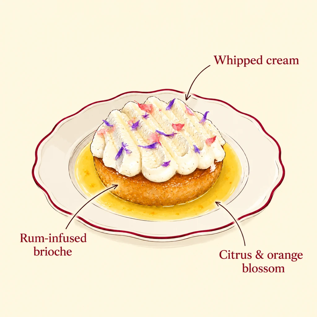 Ingredient illustration of Baba au Rhum: rum-infused brioche, citrus & orange blossom coulis, vanilla whipped cream