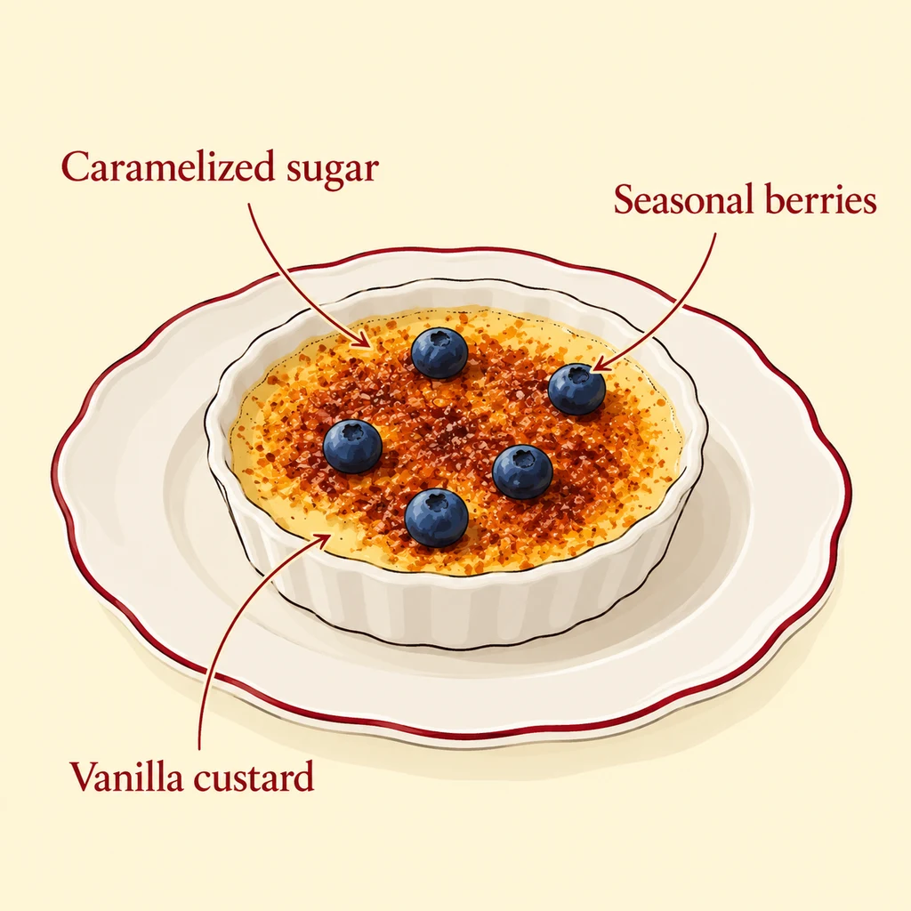 Ingredient illustration of Crème Brûlée: served with seasonal berries