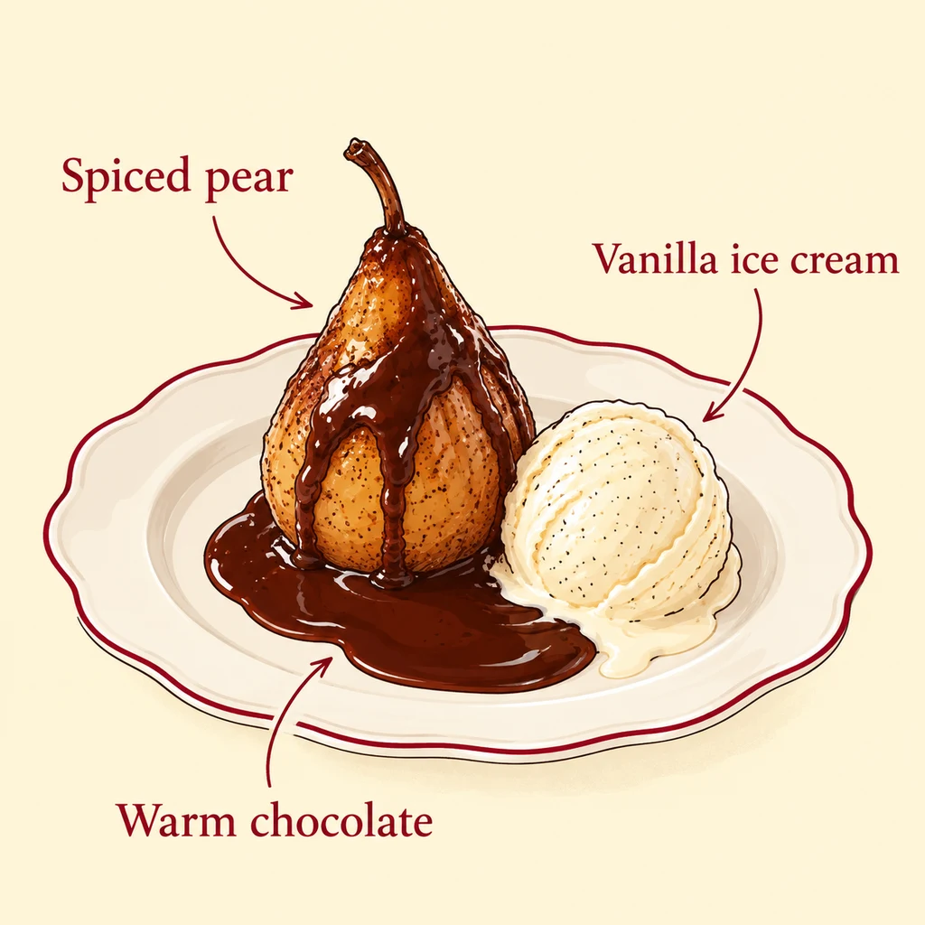 Ingredient illustration of Poire Belle-Hélène: spiced poached pear, vanilla ice cream & warm chocolate sauce