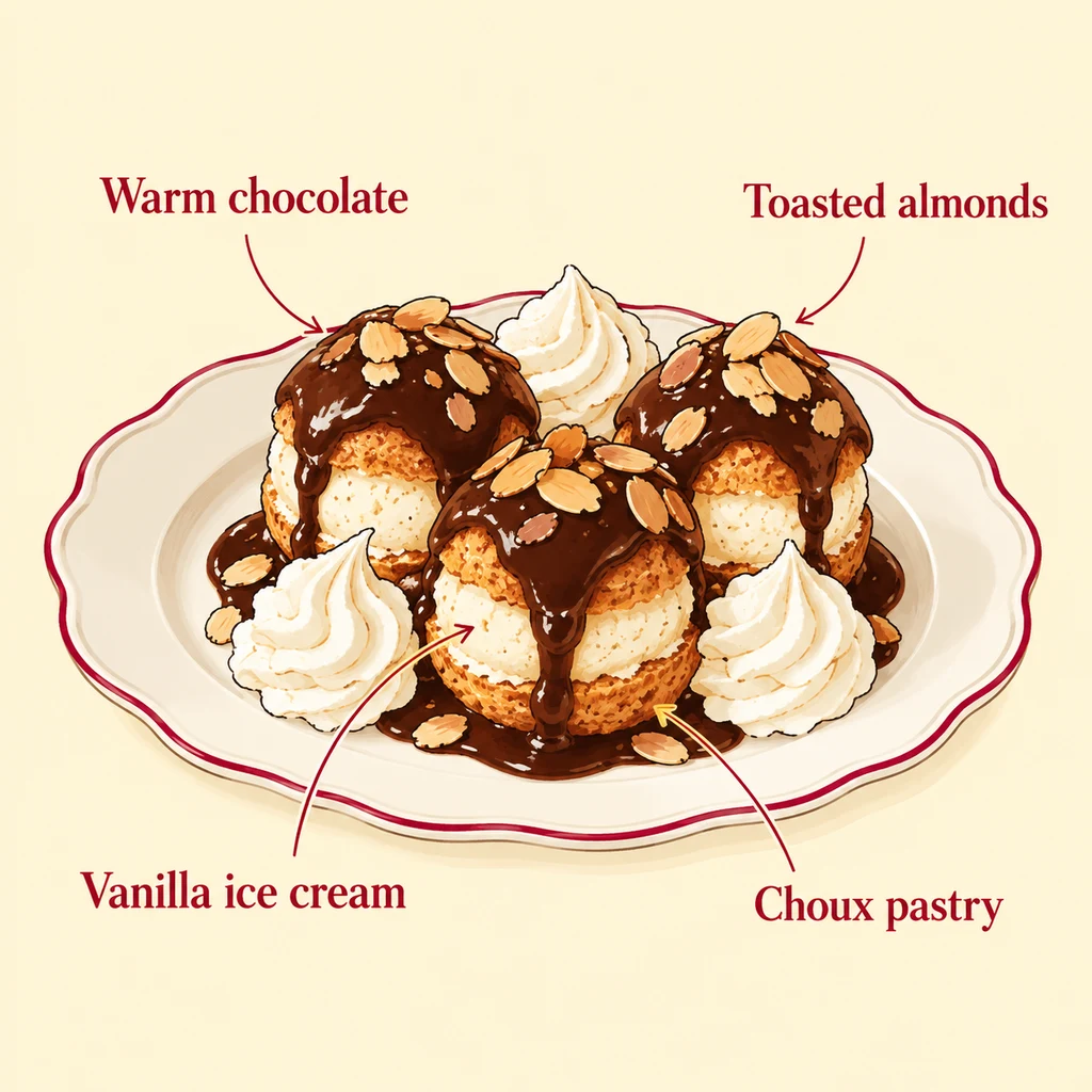 Ingredient illustration of Profitéroles: choux pastry, vanilla ice cream, warm chocolate sauce, toasted almonds