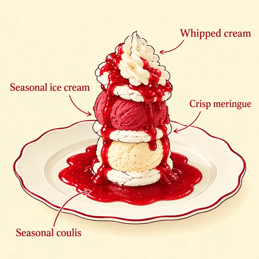 Ingredient illustration of Le Vacherin de Saison: crisp meringue, seasonal ice cream, seasonal coulis, vanilla whipped cream