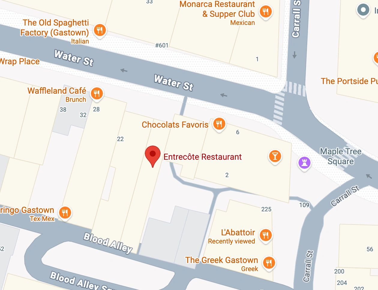 Entrecôte Restaurant in Gastown, marked with a red pin in Gastown, near Water Street, Maple Tree Square, Chocolats Favoris, The Old Spaghetti Factory and L’Abattoir